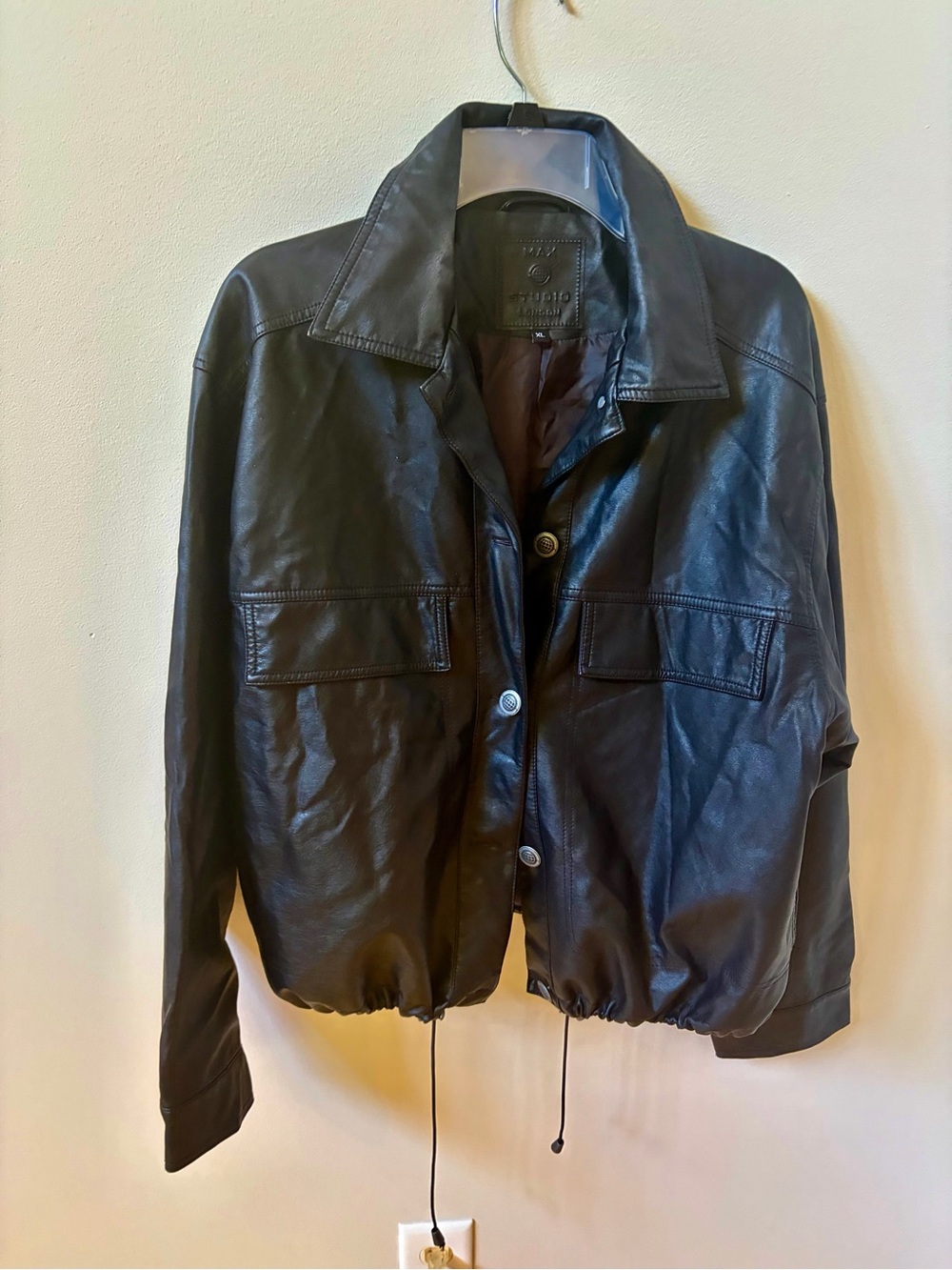 Pleather Drawstring Hem Bomber Jacket - Black